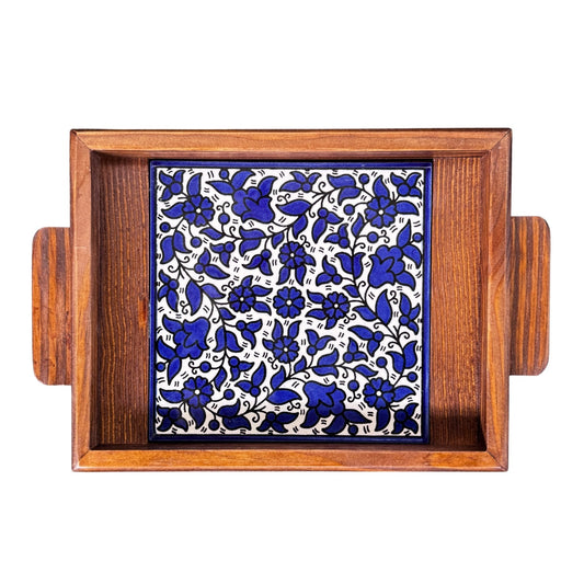 Ceramic & Wood Tray (1 Tile, Dark) - Classic Blue