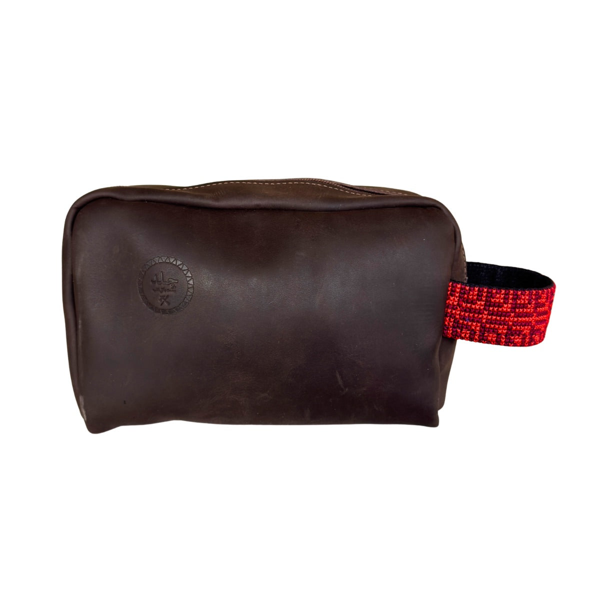 Leather Toiletry Bag w/Embroidery - Brown w/Red
