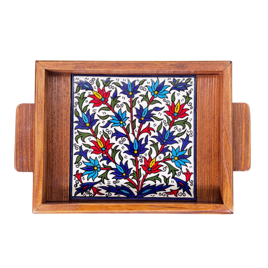Ceramic & Wood Tray (1 Tile, Dark) - Floral