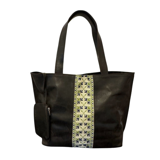 Leather Tote Bag with Embroidery - Dark Brown
