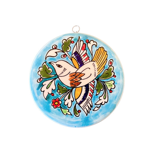 Ceramic Round Tile - Bird, Aqua
