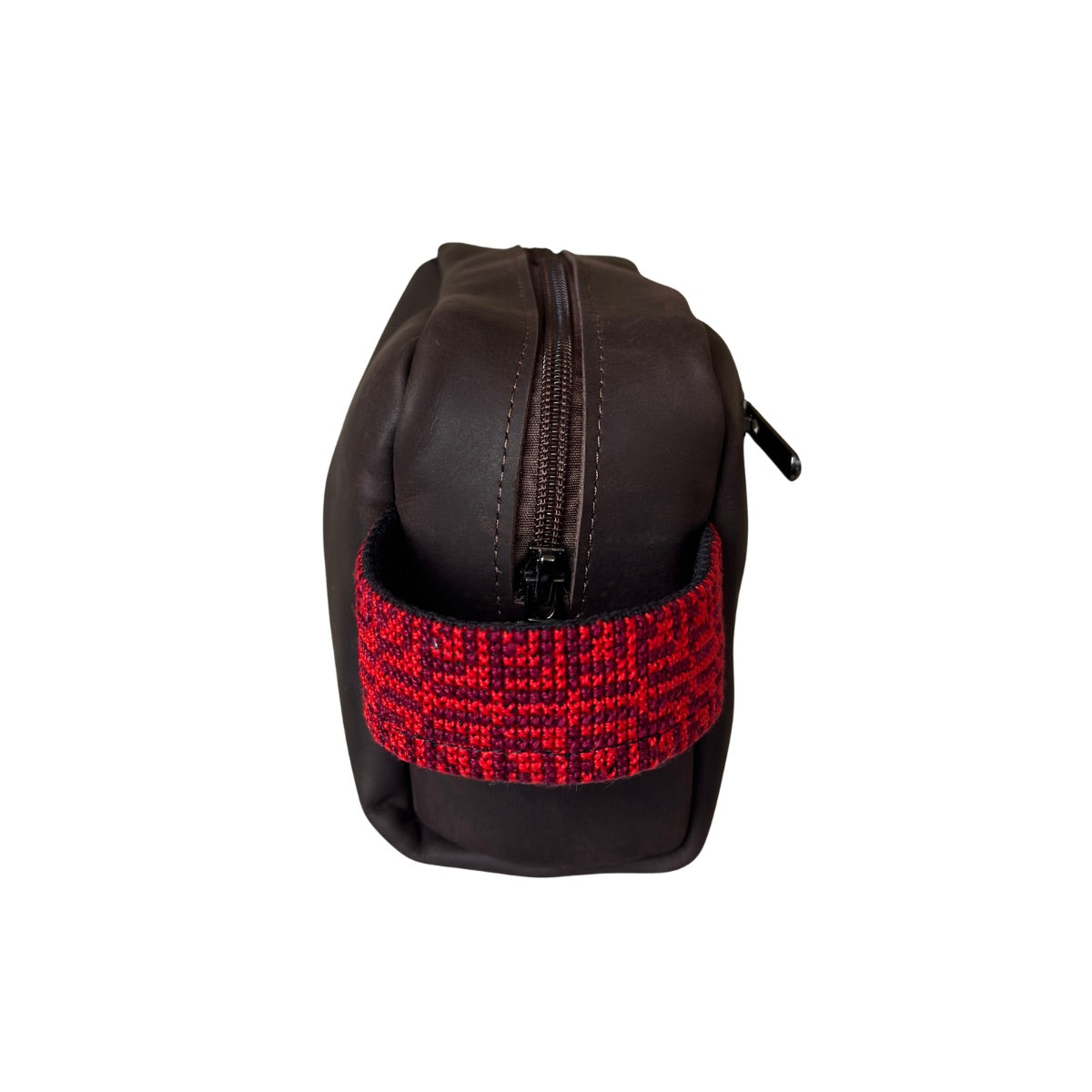 Leather Toiletry Bag w/Embroidery - Brown w/Red