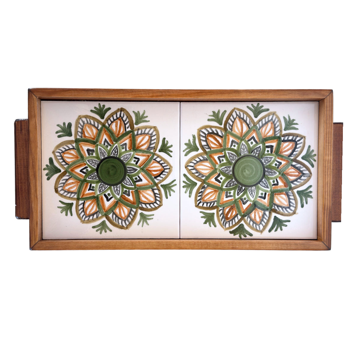 Ceramic & Wood Serving 2 Tile Tray -