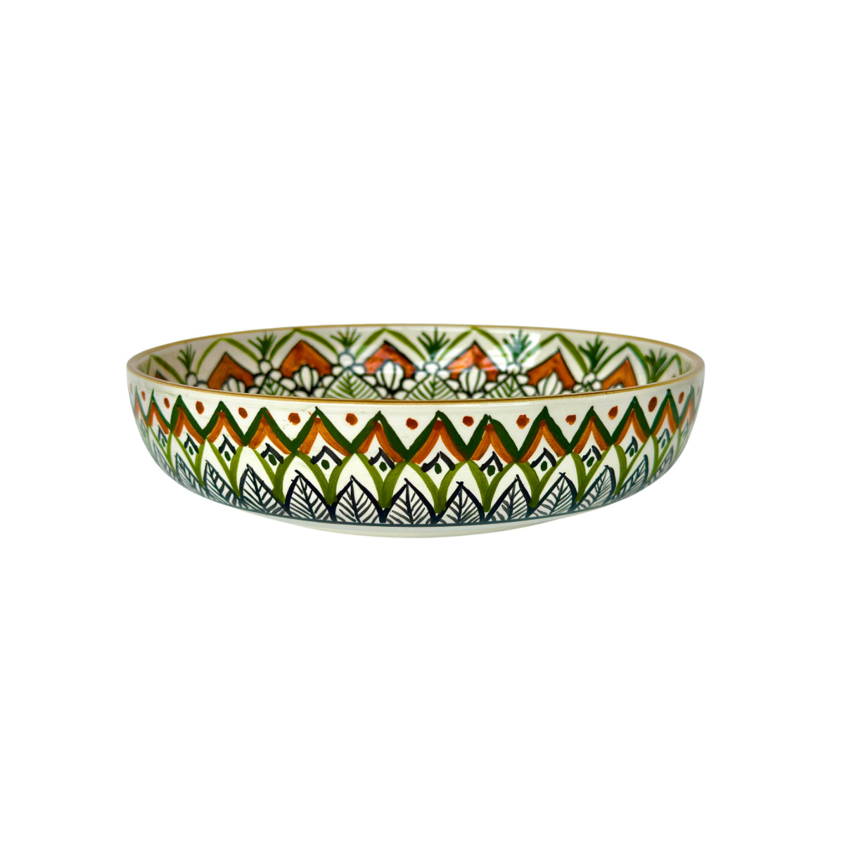Ceramic Shallow Bowl (9") - Green Zig Zag