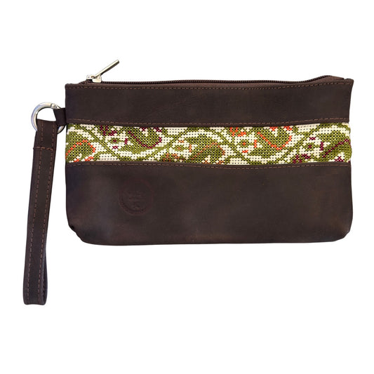 Leather Clutch w/Embroidery - Espresso Brown