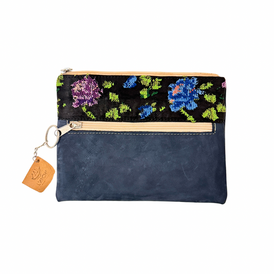 Leather Clutch w/Embroidery (8.25"x6.25")- Dark Blue