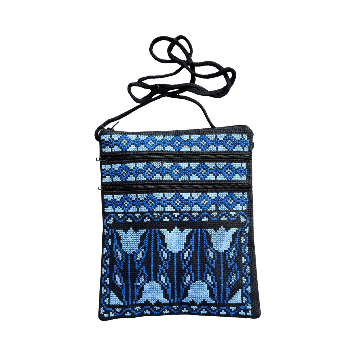 Embroidered Double Zipper Purse - Light Blue/Blue