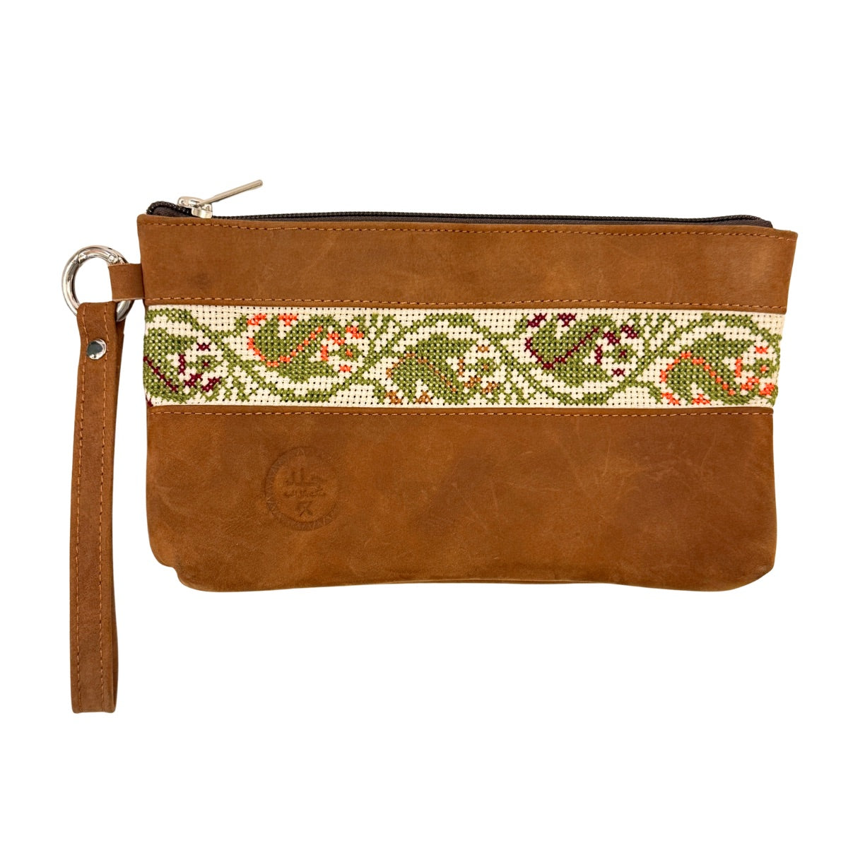 Leather Clutch w/Embroidery - Light Brown Suede