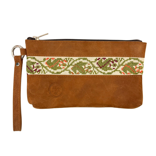 Leather Clutch w/Embroidery - Light Brown Suede