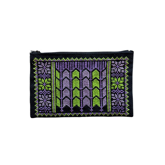 Embroidered Makeup Bag - Date Palm, Green/Purple