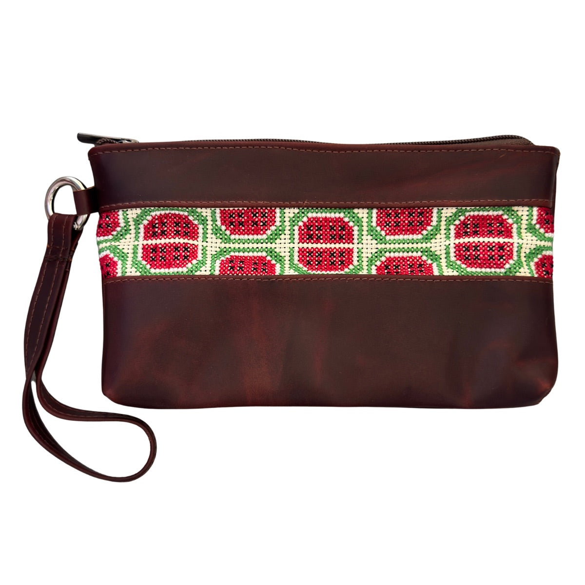 Leather Clutch w/Embroidery - Watermelon, Burgundy