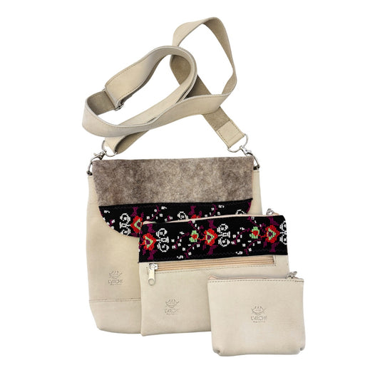 Leather Embroidered and Felted Purse (Set of 3) - Oyster