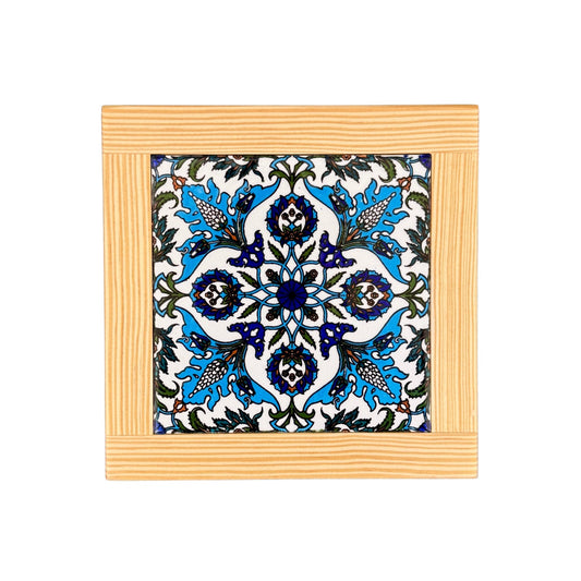 Ceramic and Wood Trivet - Light Blue Floral, Light Wood