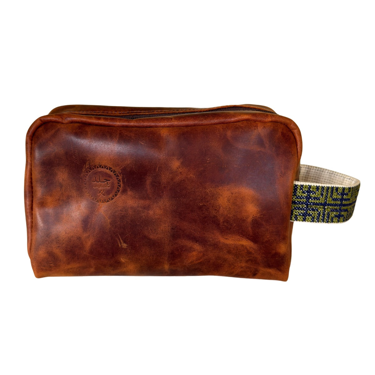 Leather Toiletry Bag w/Embroidery - Brown w/Green