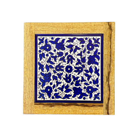 Ceramic and Wood Trivet - Classic Blue