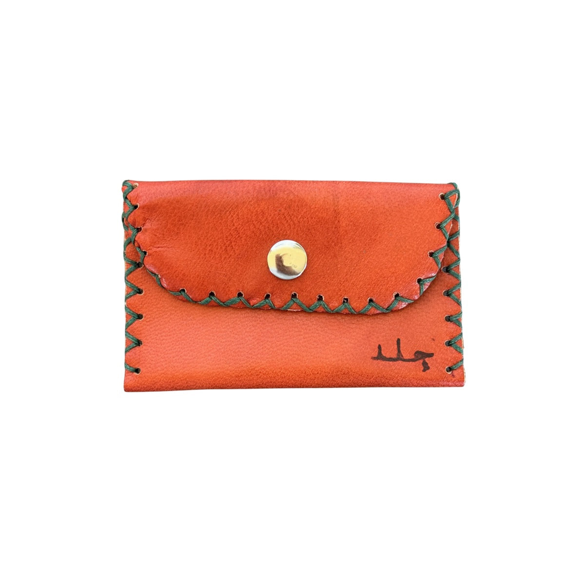 Leather ID Wallet w/Snap - Burnt Orange w/Green
