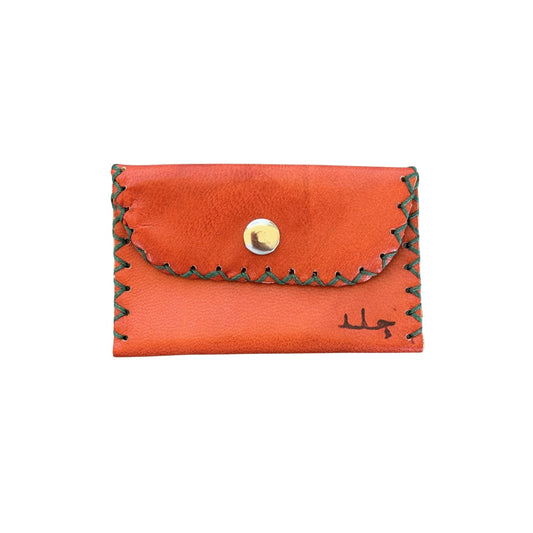 Leather ID Wallet w/Snap - Burnt Orange w/Green