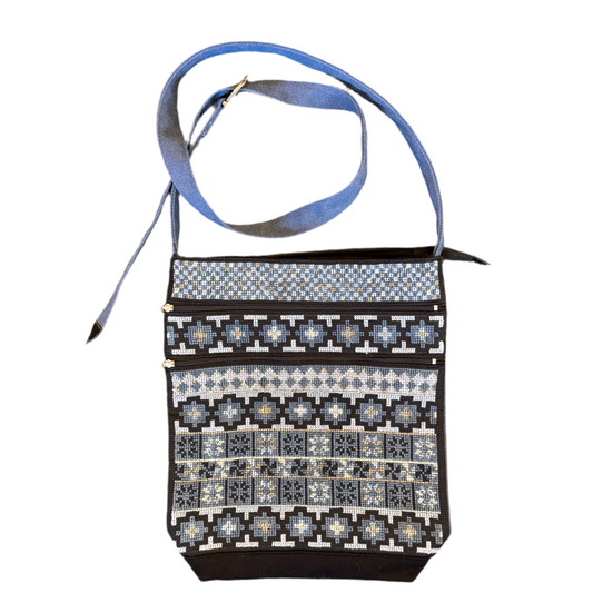 Embroidered Three Zipper Shoulder Bag - Grey