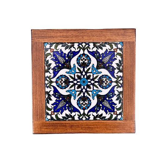 Ceramic and Wood Trivet - Dark Blue Floral, Dark Wood