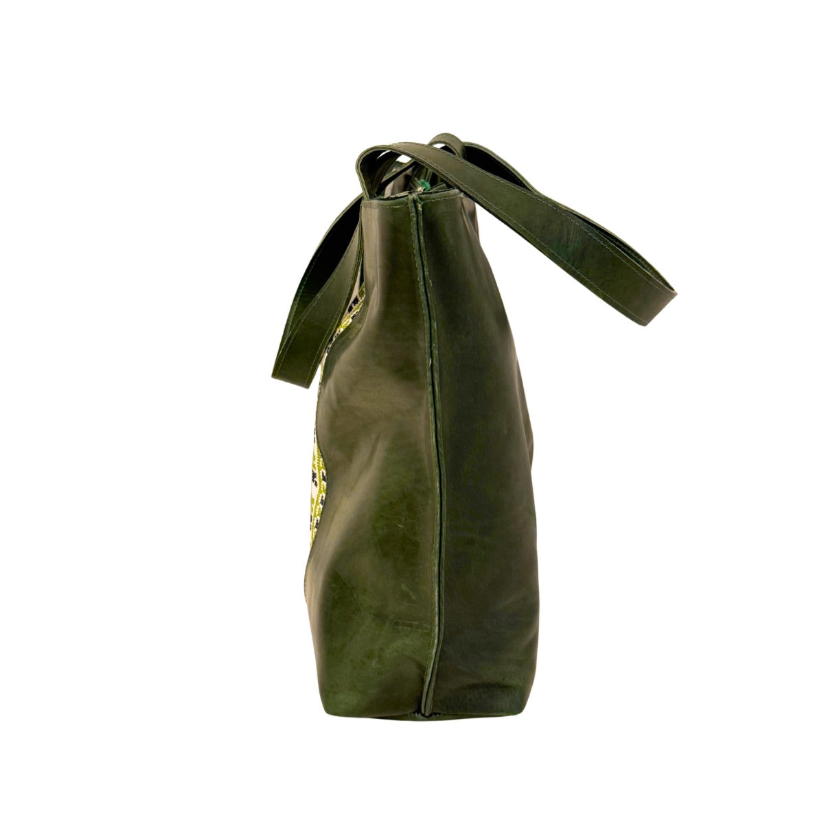 Leather Tote Bag with Embroidery - Dark Green
