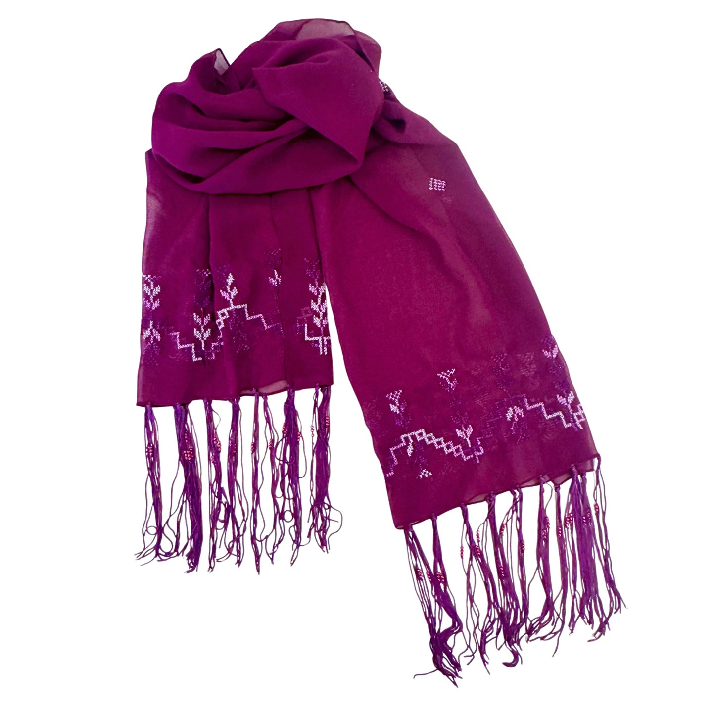 Embroidered Chiffon Scarf - Berry
