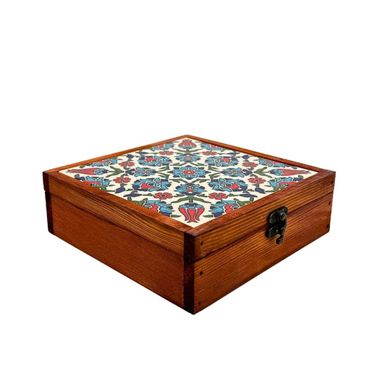 Wood & Ceramic Tile Box - Geometric Tulips