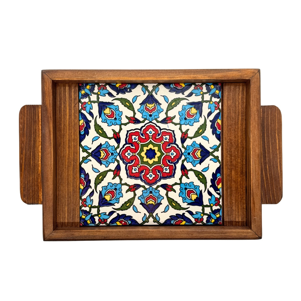 Ceramic & Wood Serving Tray, One Tile - Iznik