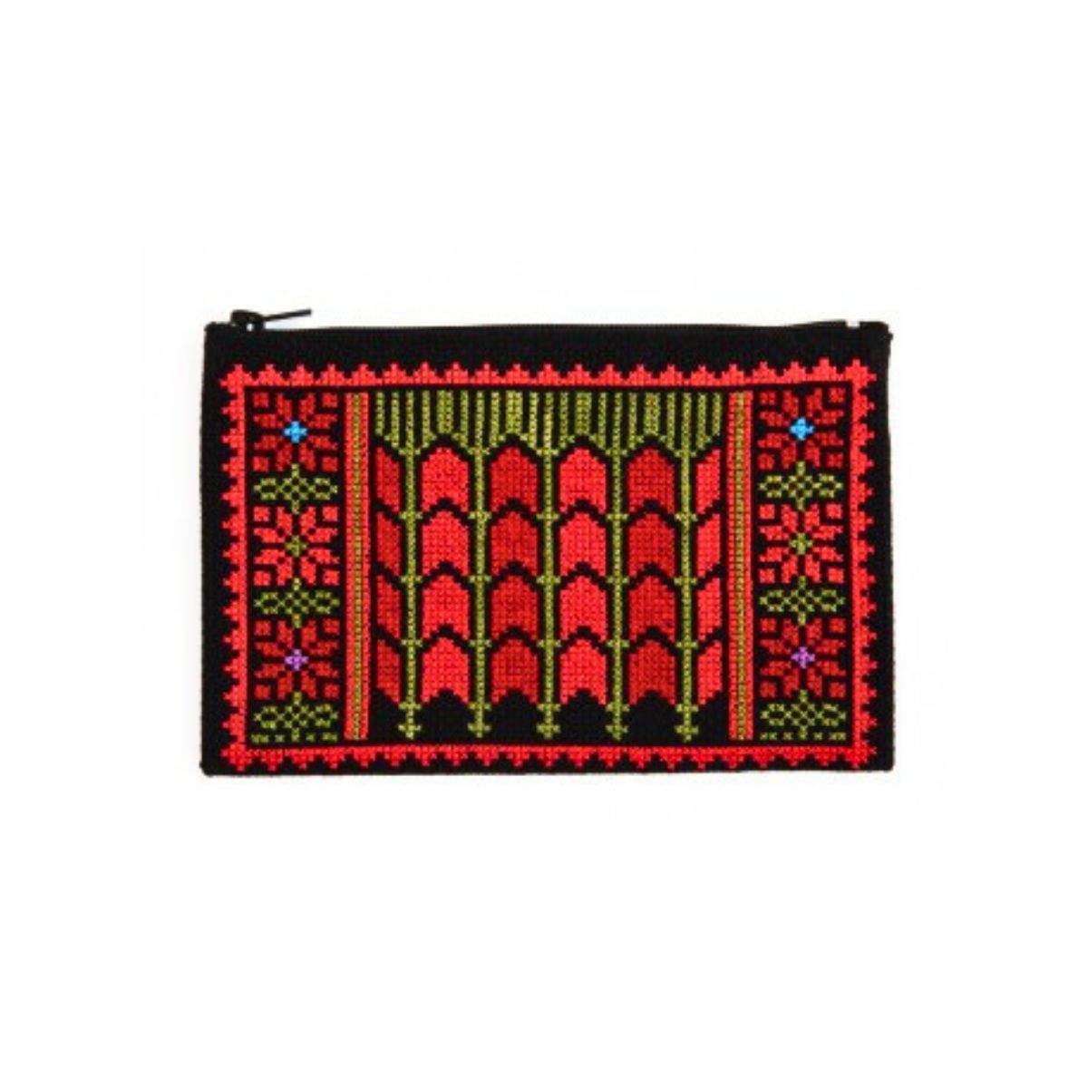 Embroidered Makeup Bag - Date Palm, Green & Red