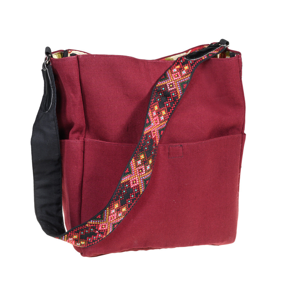 Shoulder Bucket Bag w/Embroidered Strap - Red