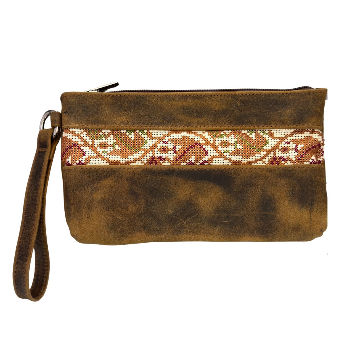 Leather Clutch w/Embroidery - Khaki Brown