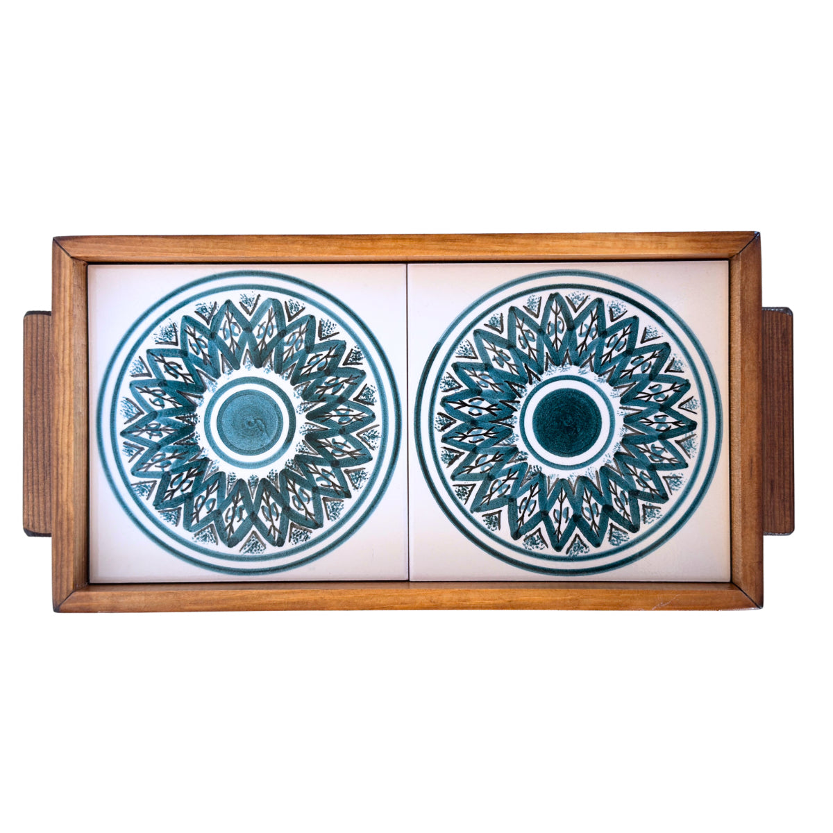 Ceramic & Wood Serving 2 Tile Tray - Teal Arabesque