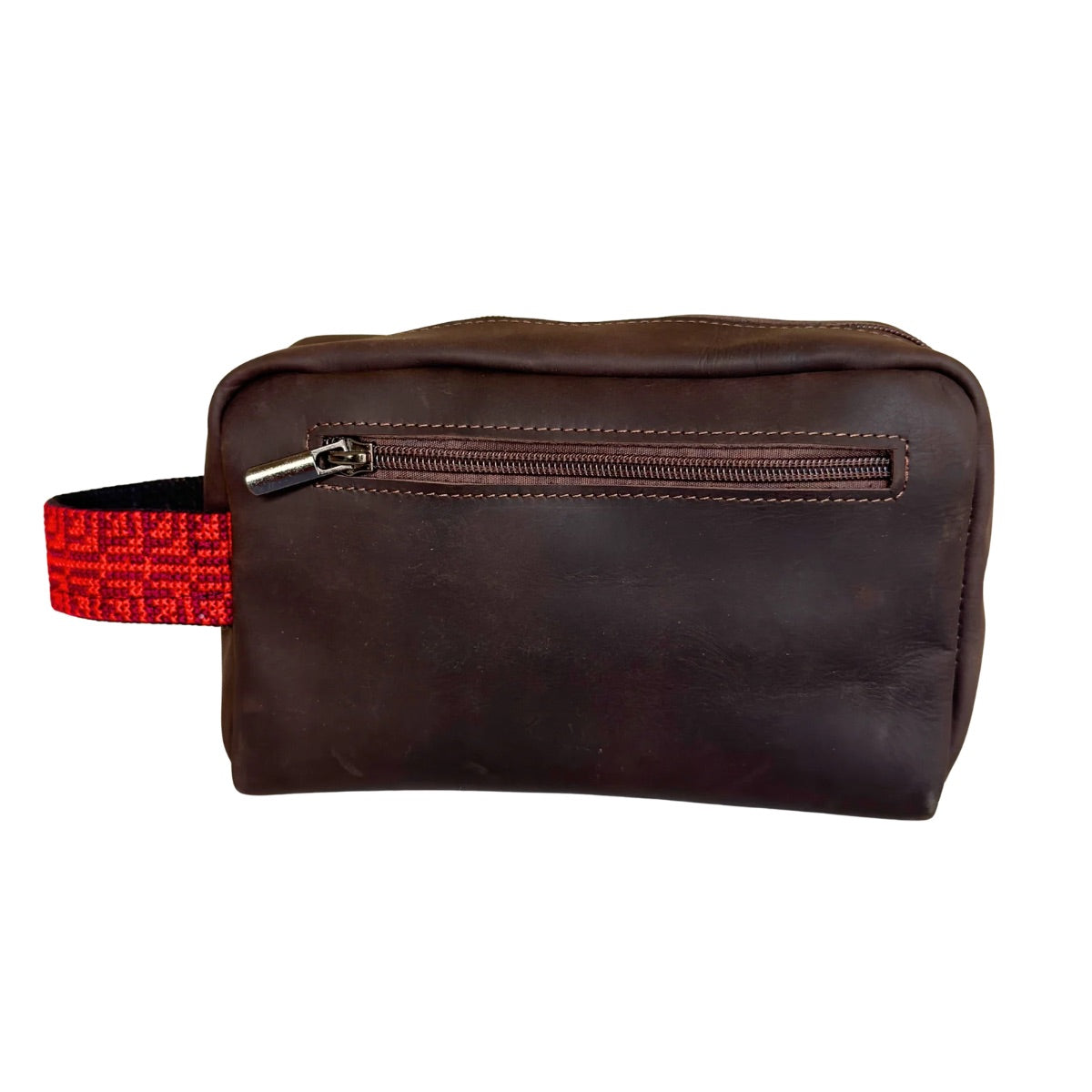 Leather Toiletry Bag w/Embroidery - Brown w/Red