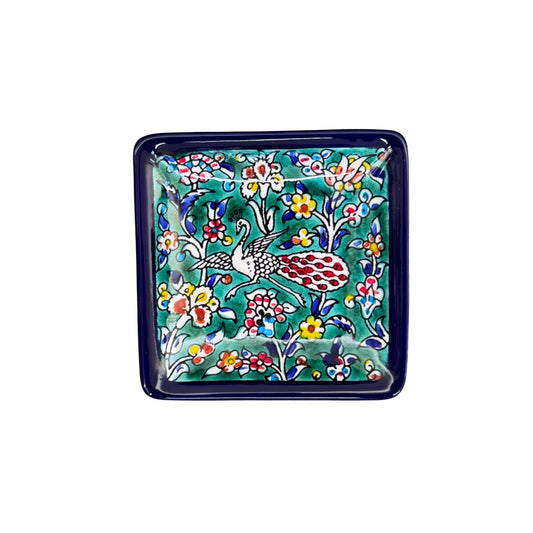 Ceramic Square Dish (4”) - Green Peacock