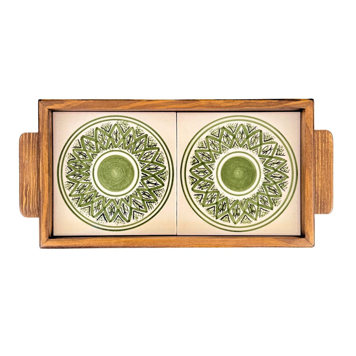 Ceramic and Wood Serving Tray - Green Arabesque
