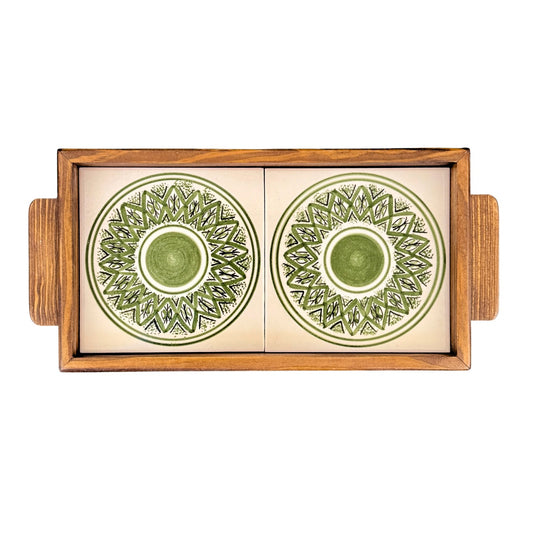 Ceramic and Wood Serving Tray - Green Arabesque