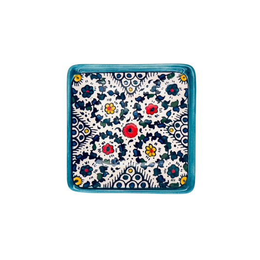 Ceramic Square Dish (4") - Teal Multicolor Vine