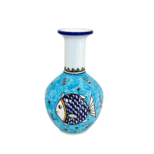 Ceramic Vase (7.5") - Fish, Aqua
