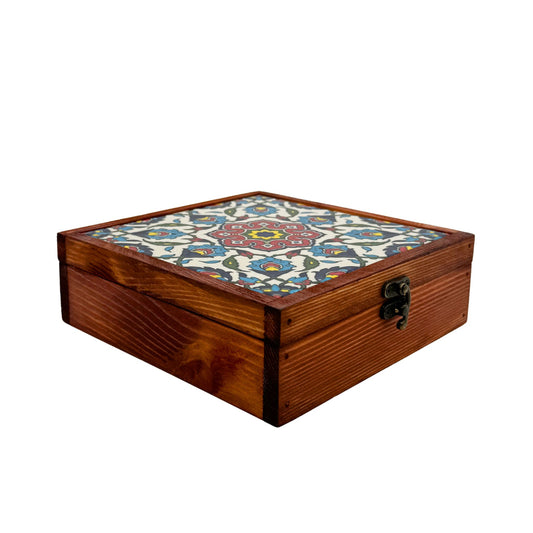 Wood & Ceramic Tile Box - Geometric Floral