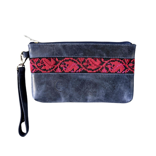 Leather Bag w/Embroidery - Oiled Blue w/Red