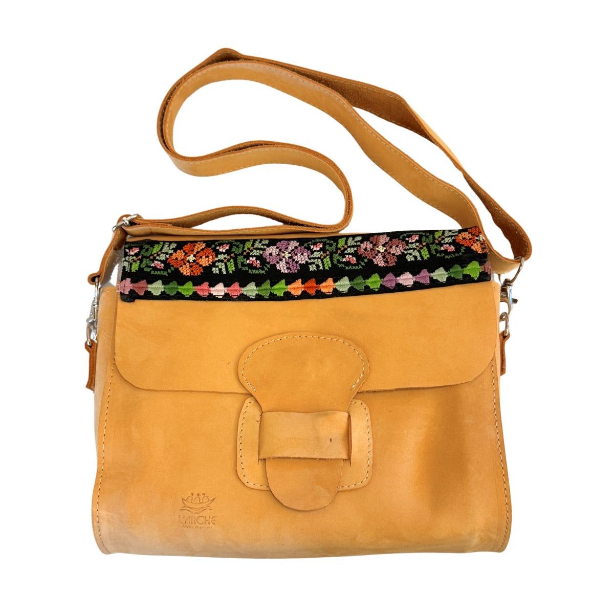 Leather Purse w/Embroidery - Natural, 9x9x4