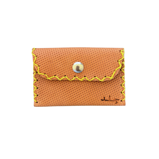 Leather ID Wallet w/Snap - Perforated Natural w/Yellow