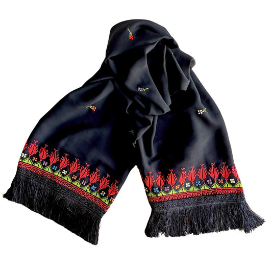 Embroidered Chiffon Scarf - Red Saru w/Green