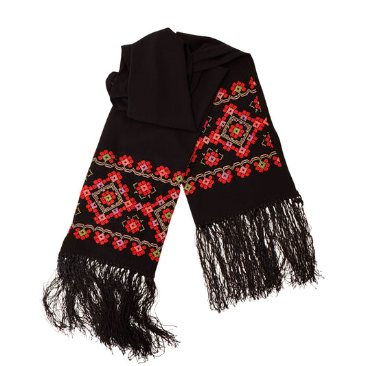 Embroidered Shawl - Red Geometric
