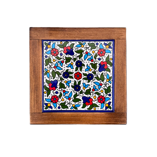 Ceramic and Wood Trivet - Multicolor, Dark Wood