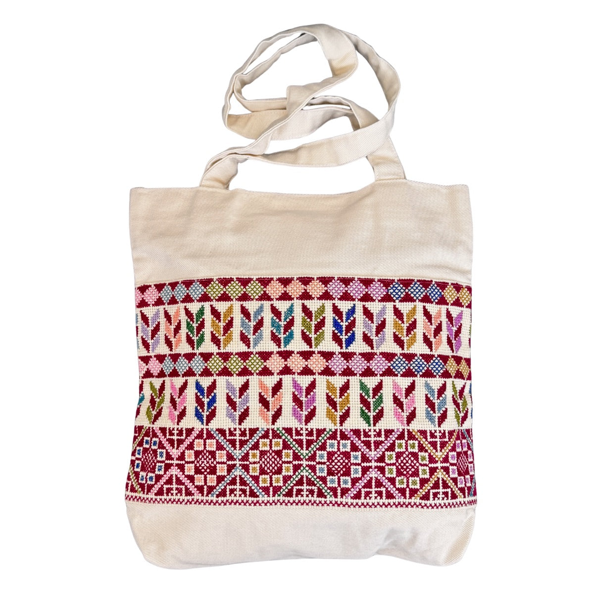 Embroidered Tote Bag (White) - Red