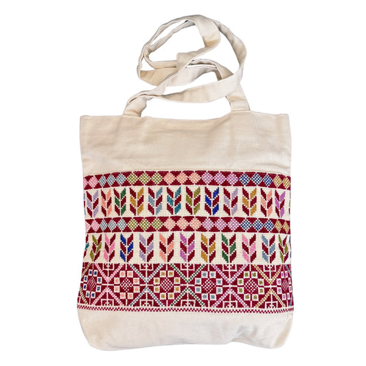 Embroidered Tote Bag (White) - Red
