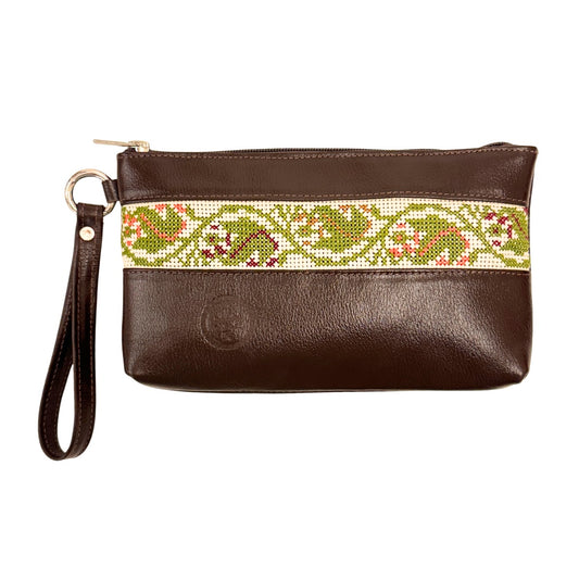 Leather Clutch w/Embroidery - Brown