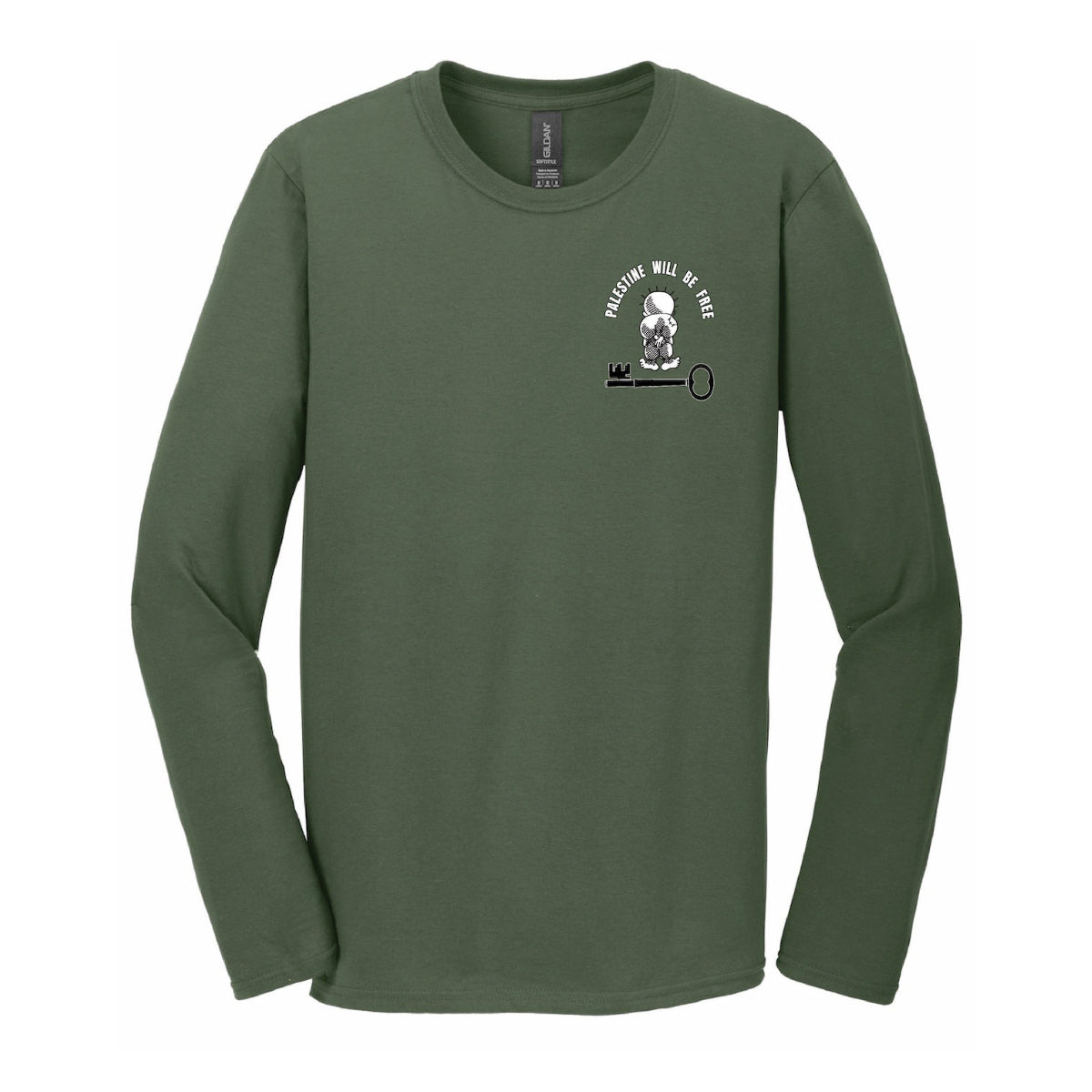 Long Sleeve T-Shirt -
"Palestine Will Be Free" w/Handala, Olive Green