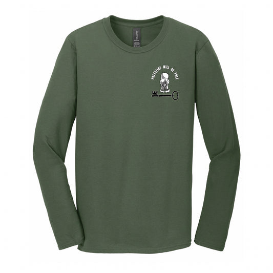 Long Sleeve T-Shirt -
"Palestine Will Be Free" w/Handala, Olive Green