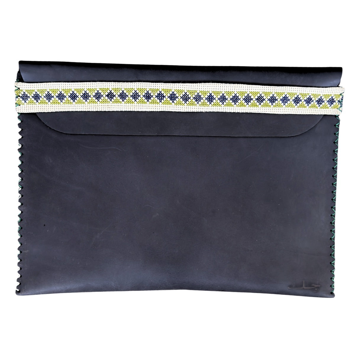 Leather Laptop Case - Oiled Black w/Green Tatreez